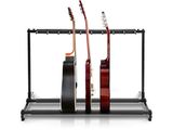 a black guitar stand with two guitars on top of it