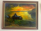 painting of a painting of a church on a hill overlooking a body of water