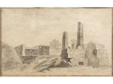 an old drawing of a building with a tower in the background