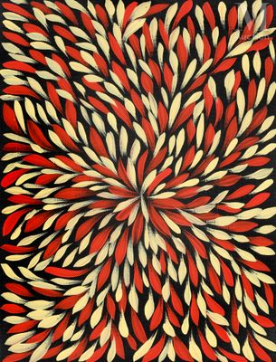 peinture représentant une fleur rouge, blanche et noire sur fond noir