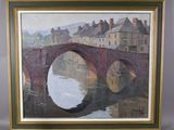 an oil painting of a bridge over a river with buildings in the background