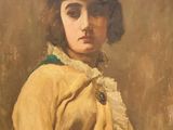 a painting of a young girl in a yellow shirt and black skirt