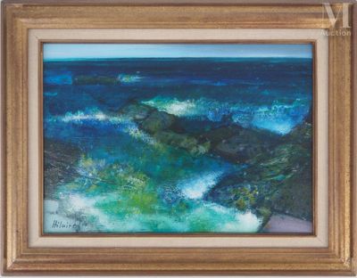 une image représentant une peinture représentant une vague venant s'écraser sur le rivage