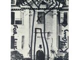an old photo of a man and a woman standing in front of a house