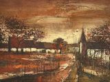 une image représentant un tableau d'une ferme avec une clôture et des arbres