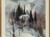 une image représentant une peinture d'une maison au milieu d'un paysage enneigé