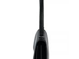 a black purse with a long strap on a white background