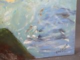 a painting of a person on a surfboard in the water