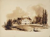 an old drawing of a house in a field with a woman sitting on a bench