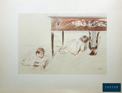 dessin représentant deux enfants allongés par terre sous une table