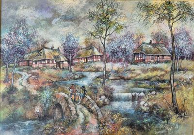 tableau représentant un village traversé par une rivière