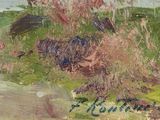 an oil painting of a field with a tree and a hill in the background