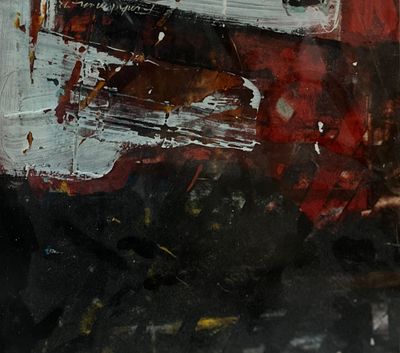 une peinture représentant un bateau rouge et blanc sur l'eau