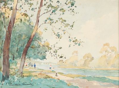 une aquarelle représentant des personnes marchant sur un sentier au bord de l'eau