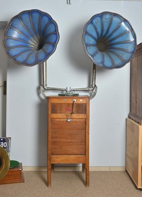deux enceintes bleues posées sur un meuble en bois dans une pièce