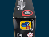 a black box with a sticker on it and a sticker on the side of it
