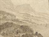 dessin représentant une vue d'une ville avec un château au loin