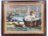 an oil painting of a boat in a harbor with other boats in the water