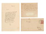 a group of three old letters and envelopes on a white background