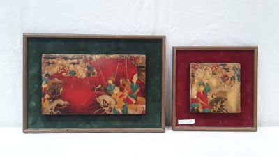 two framed pictures of a man riding a horse and a woman riding a horse