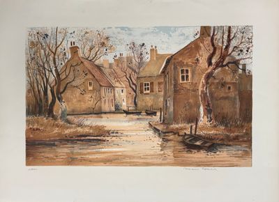 une photo d'un tableau représentant une maison à la campagne