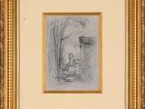 un dessin représentant un homme assis sur un banc devant un arbre