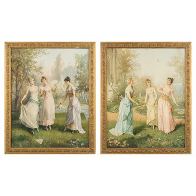 Deux tableaux représentant des femmes en robe sont accrochés au mur.