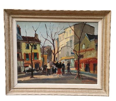une peinture à l'huile représentant une scène de rue avec des personnes marchant dans la rue