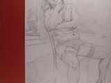 drawing of a woman sitting in a chair with her hand on her chin