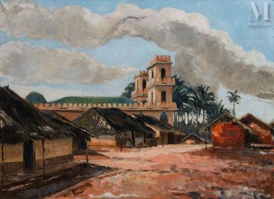 a painting of a village with a clock tower in the background
