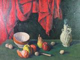 un tableau représentant un bol et des fruits posés sur une table