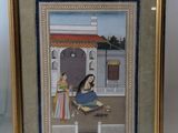two framed paintings of women and a bird in a courtyard