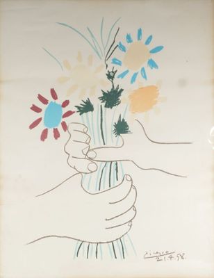 un dessin représentant une main tenant un vase de fleurs