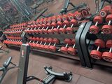 rows of red dumbs in a gym with a rack of dumbs in the foreground