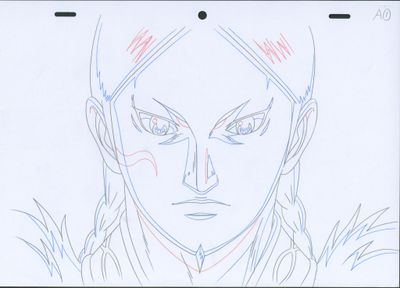 anime drawing of a man with long hair and red eyes