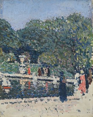 une image représentant un tableau où l'on voit des personnes se promener dans un parc