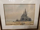 framed painting of a church in a field with a boat in the background