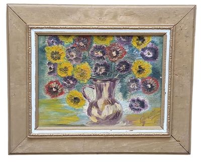 an oil painting of a vase with flowers in it on a table
