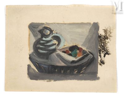 une peinture représentant un vase et une coupe de fruits