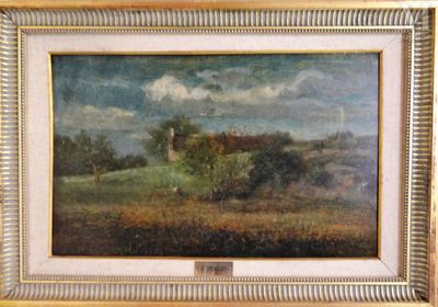 l'image d'une peinture représentant un champ avec une maison au loin