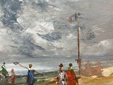 painting of a group of people on a beach with a boat in the water