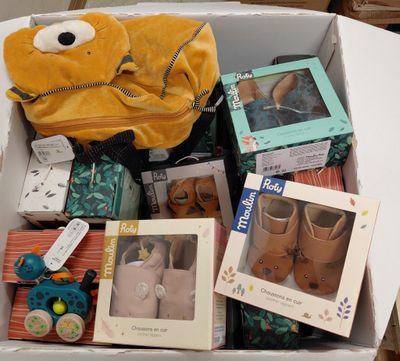 une boîte contenant des chaussures de bébé et d'autres objets