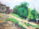 a painting of a group of people walking down a road