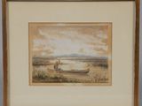 painting of two people in a boat on a lake with a sky background