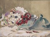 a painting of a bowl of flowers on a table