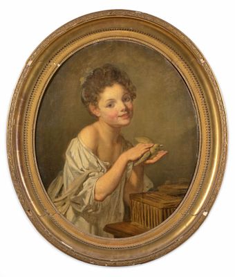 tableau représentant une femme tenant un oiseau dans la main, dans un cadre doré