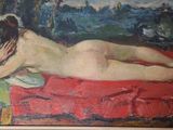 a painting of a naked woman laying on a red blanket