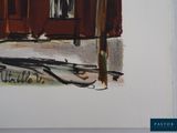 a picture of a painting of a red building on the street