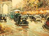 a painting of a busy city street with cars and people