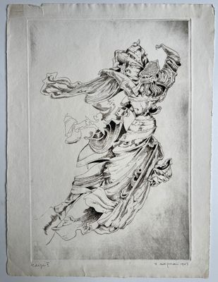 un dessin représentant une femme en robe tenant une épée